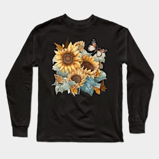 Butterflies Sunflower Long Sleeve T-Shirt